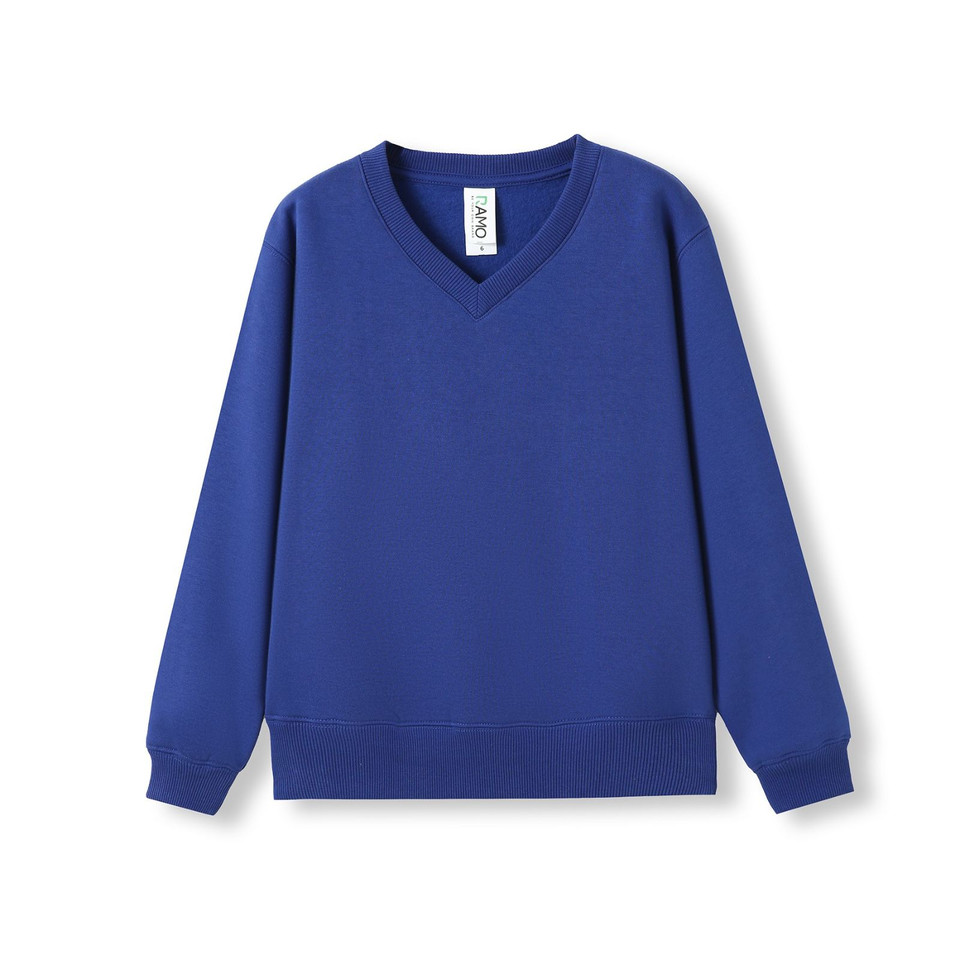 Royal blue V-neck fleece sweatshirt with ribbed cuffs and hem, flat front panel for decoration