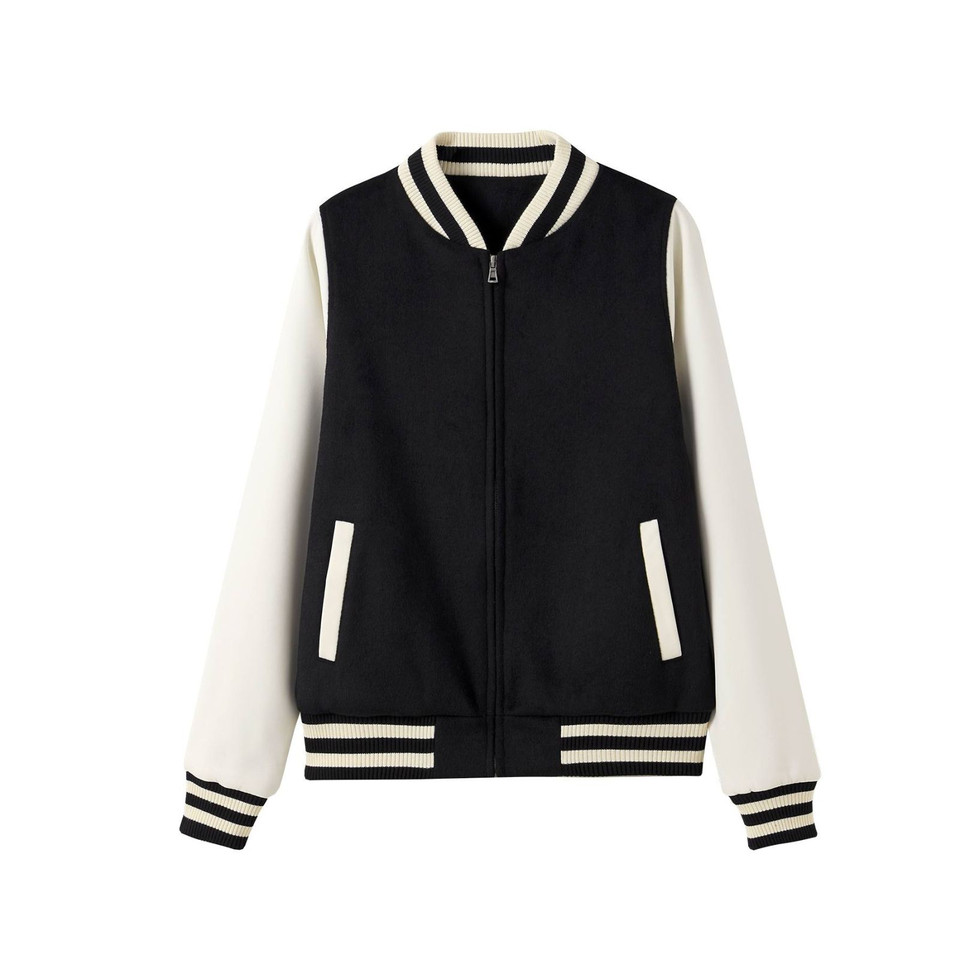 Black and cream wool blend varsity jacket with ribbed collar, cuffs and hem, contrast sleeves and front zip