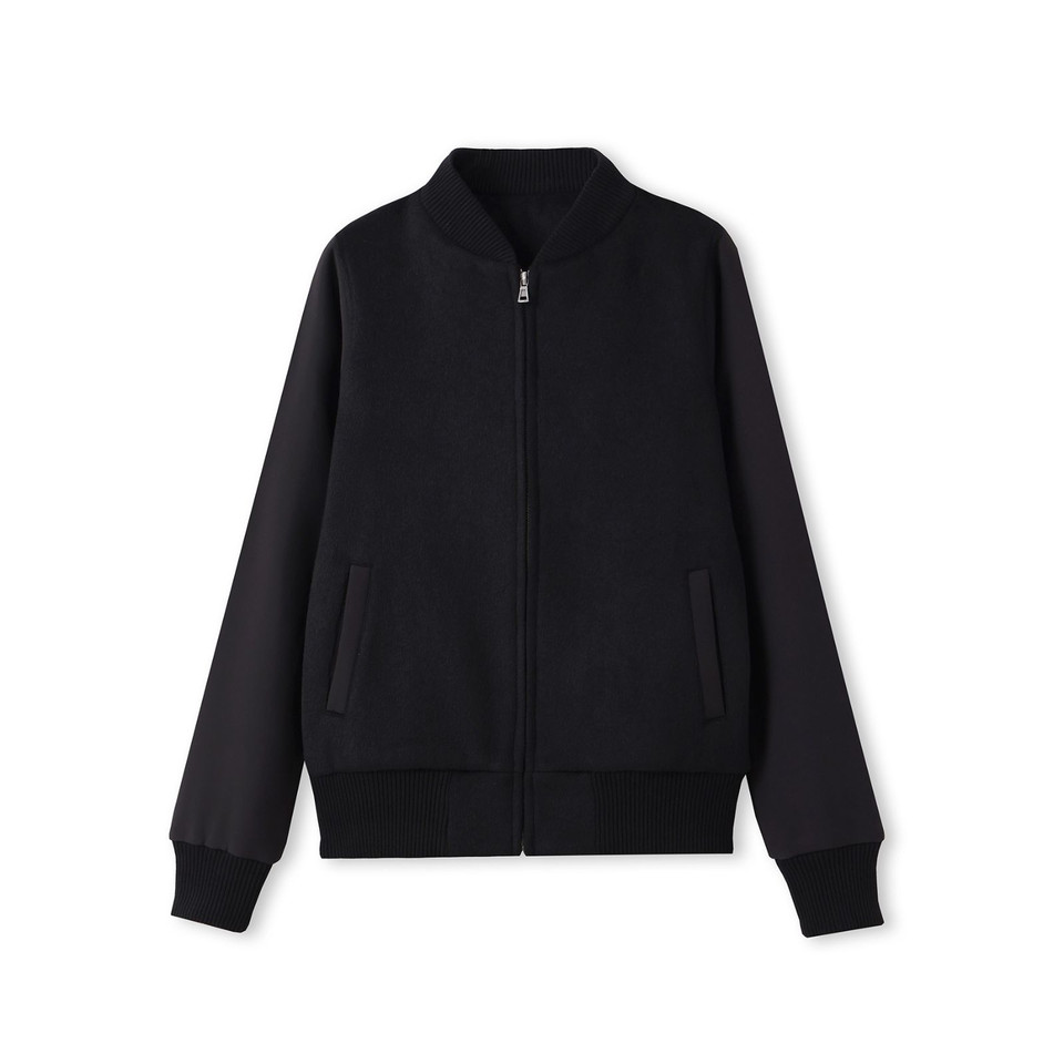 Black wool blend varsity jacket with front zip, ribbed collar, cuffs and hem, and side pockets