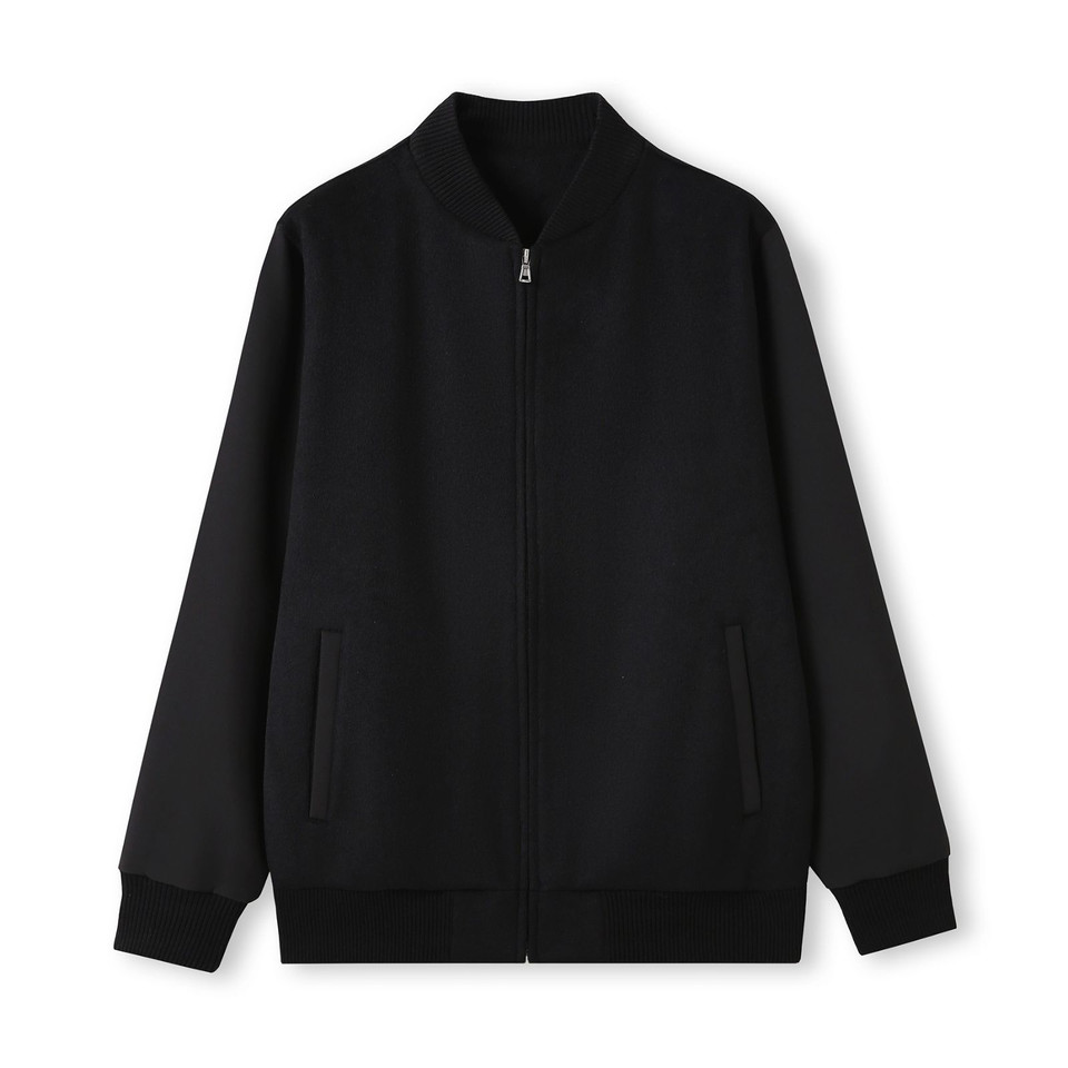 Black wool blend varsity jacket with ribbed collar, cuffs and hem, full-length zip and side welt pockets