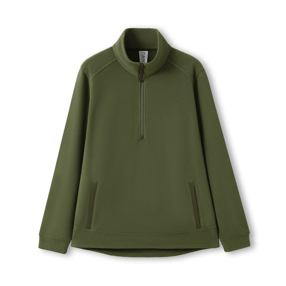 Olive green polar fleece pullover with half-zip collar and dual front pockets