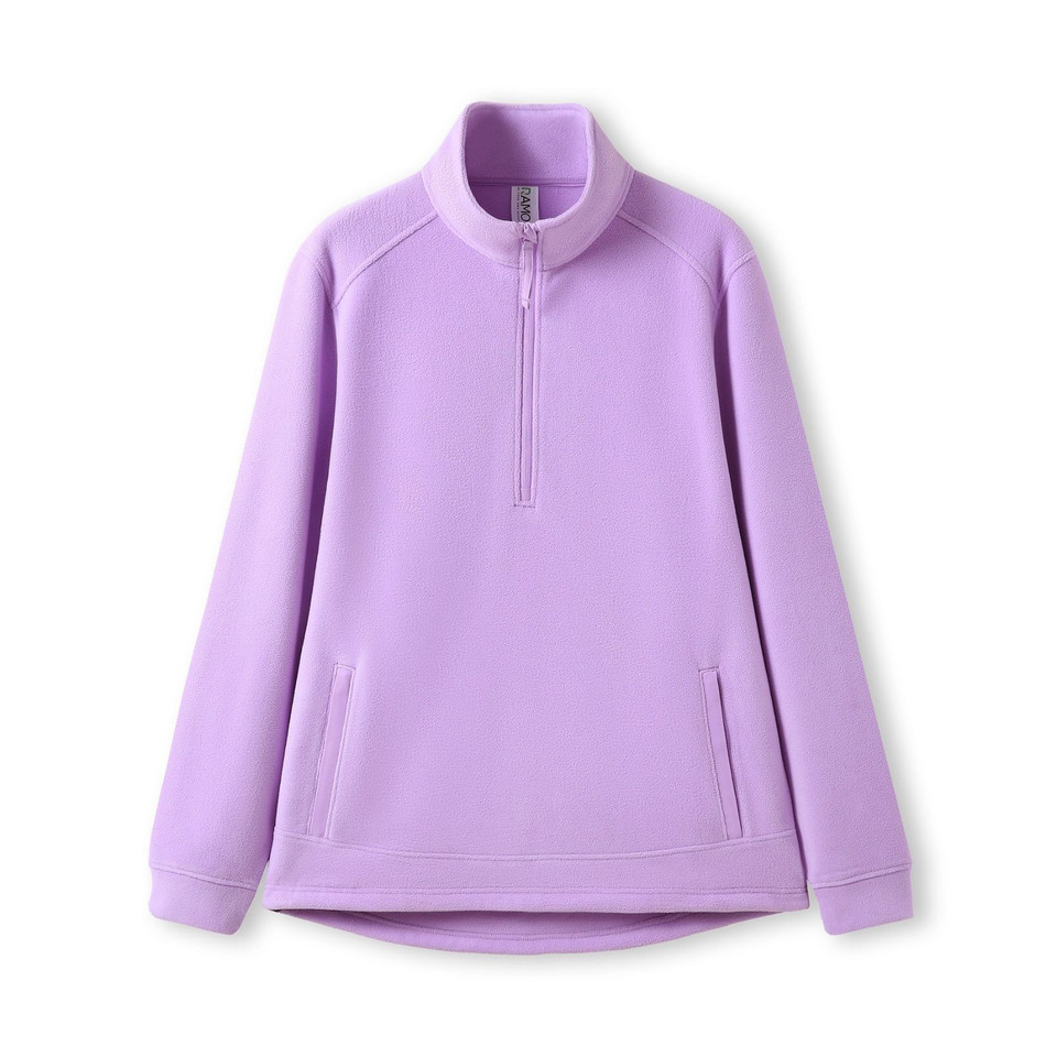 Lilac polar fleece half-zip pullover with stand collar and front hand pockets