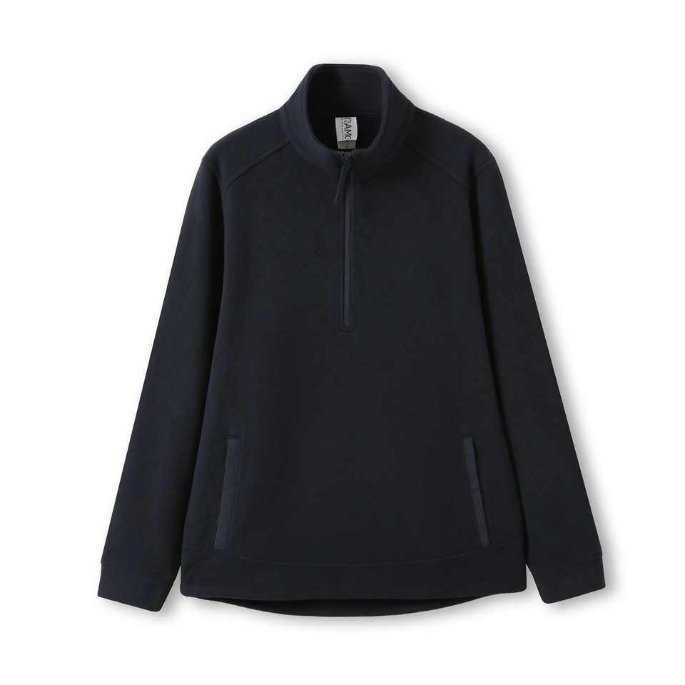 Navy Plain ESPRESSO unisex half-zip pullover top made from soft, anti-pill polar fleece, featuring a high collar and zipper side pockets, ideal for warmth in winter and outdoor activities.