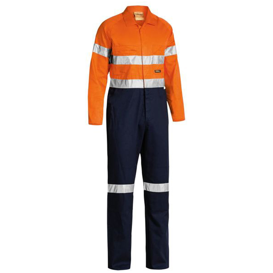Orange and navy hi-vis coverall with silver reflective tape on chest and legs