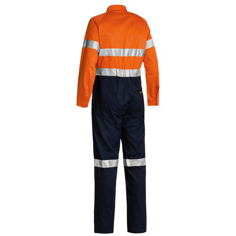 Hi-vis coverall in orange and navy with silver reflective tape on torso, arms and legs, rear view