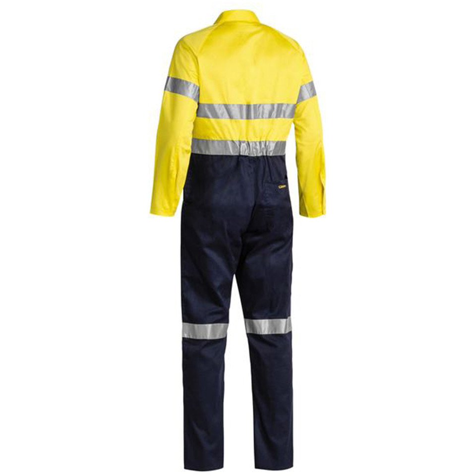Yellow and navy hi-vis coverall with silver reflective tape on torso and legs, rear view