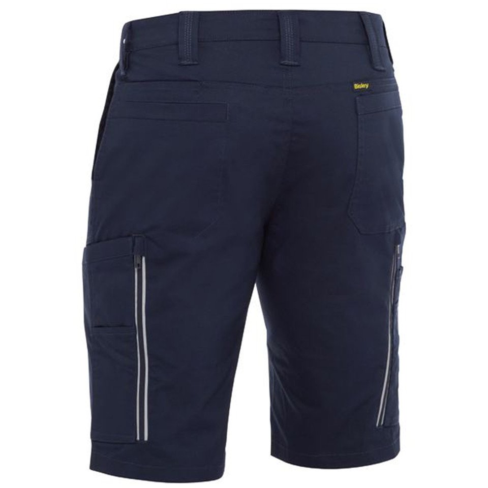 Navy ripstop cargo shorts with reflective piping, multiple cargo pockets and belt loops