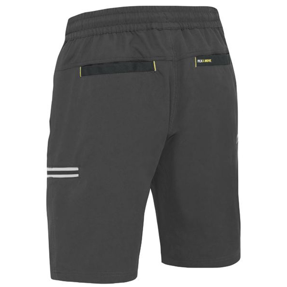 Charcoal grey cargo shorts with elastic waistband, rear pockets with yellow contrast trim, and reflective leg detail