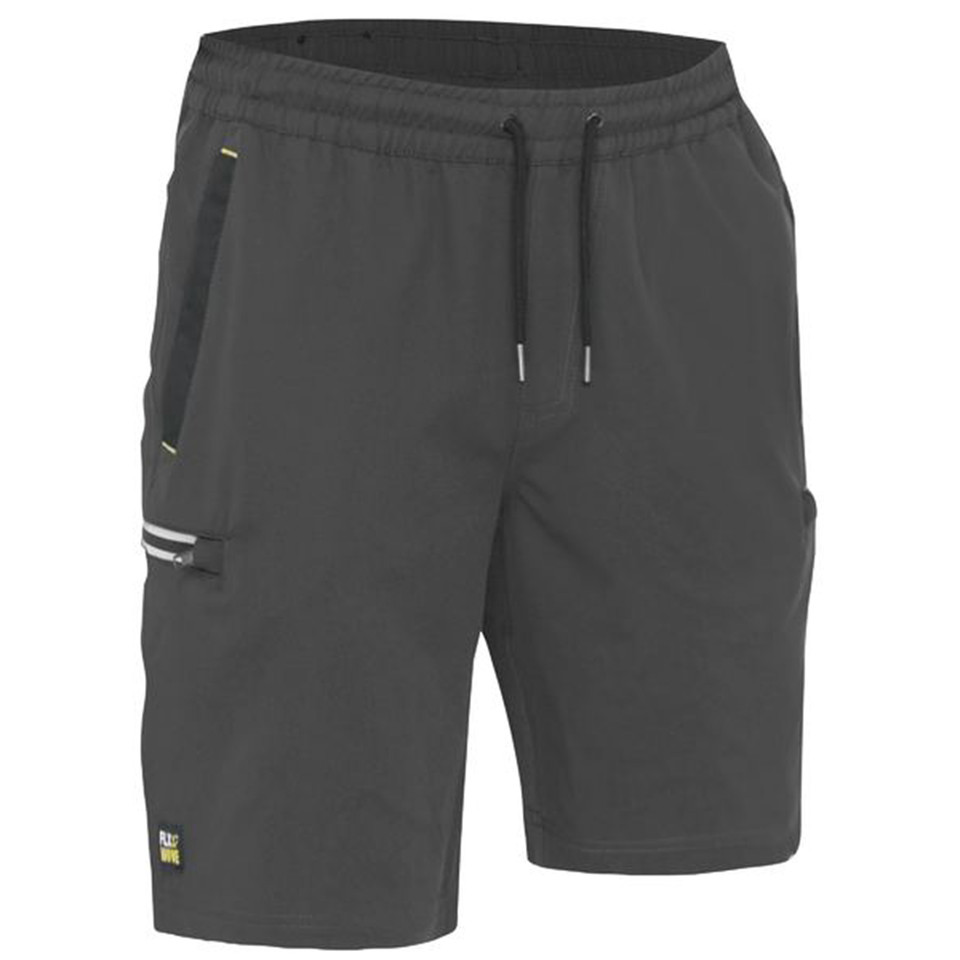 Charcoal cargo shorts with elastic waistband, drawcord, multiple zippered pockets and contrast white stripe detail