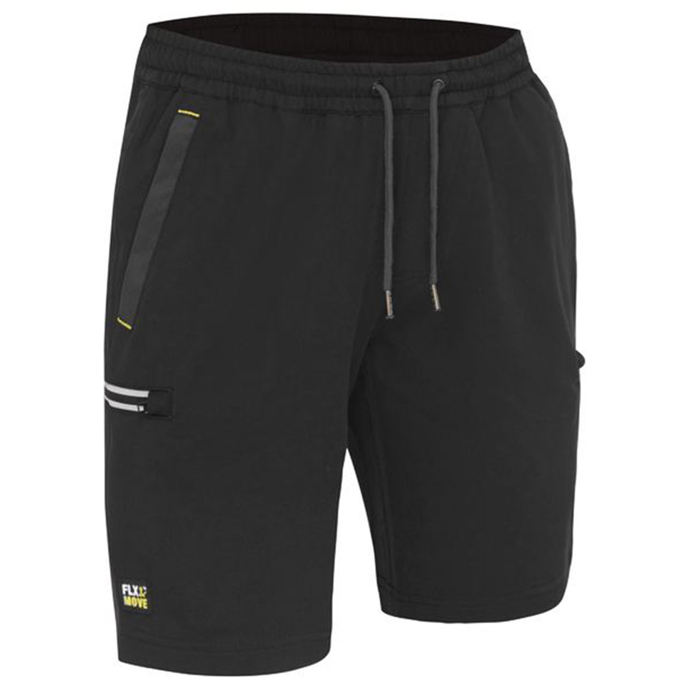 Black cargo shorts with elasticated drawcord waist, zippered pockets, white reflective stripes and lime green accent details