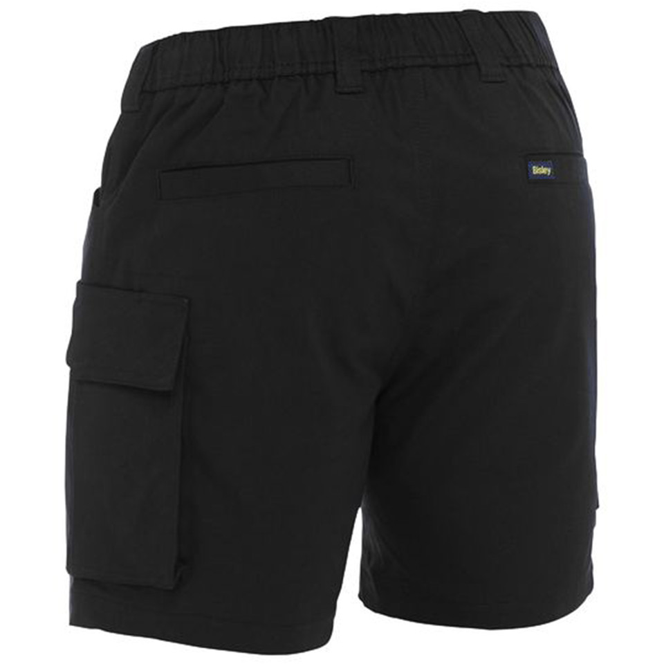 Black cargo shorts with elastic waistband, side cargo pockets, and back welt pockets shown from rear angle