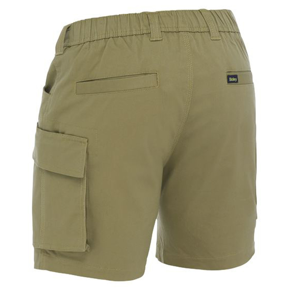 Khaki cargo shorts with elasticated waistband, side cargo pocket and rear welt pocket with tab detail