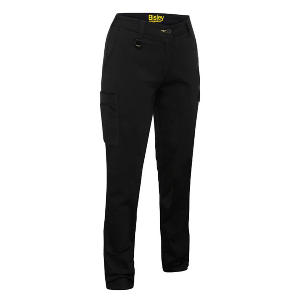 Black women's cargo pants with side pockets and yellow Bisley waistband label
