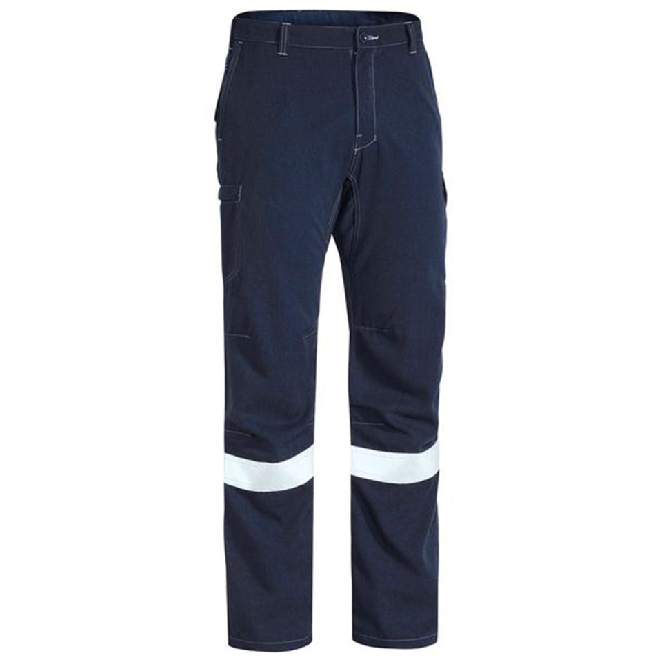 Navy work cargo pants with white reflective tape bands above the knees, flat-lay packshot