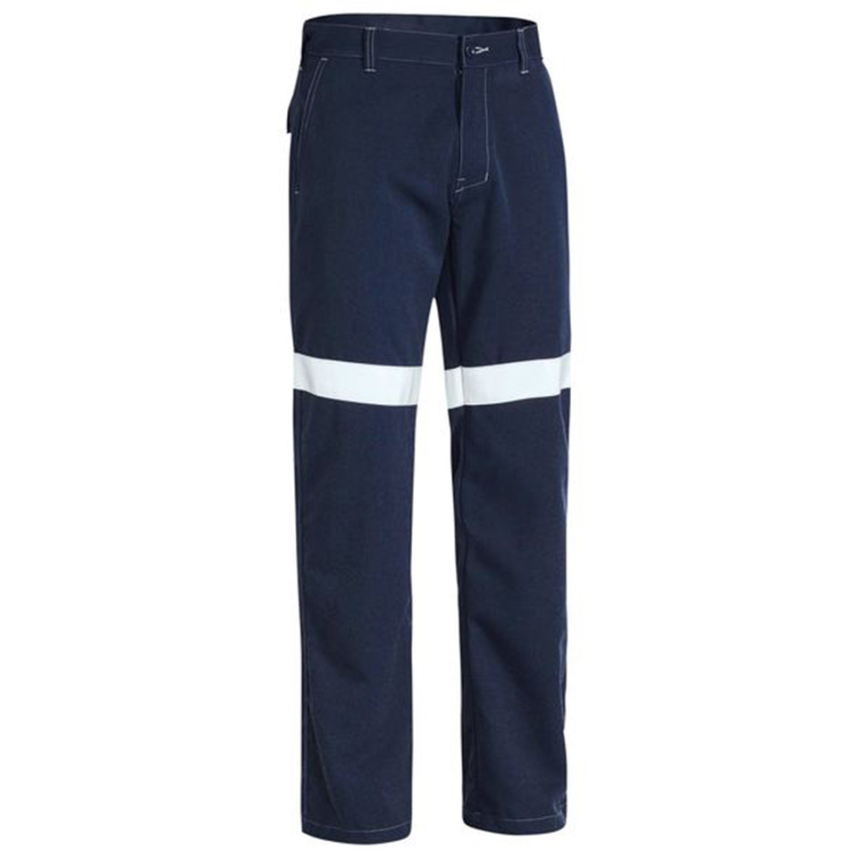 Navy fire resistant work pants with white reflective tape band across both legs, flat front and utility pocket