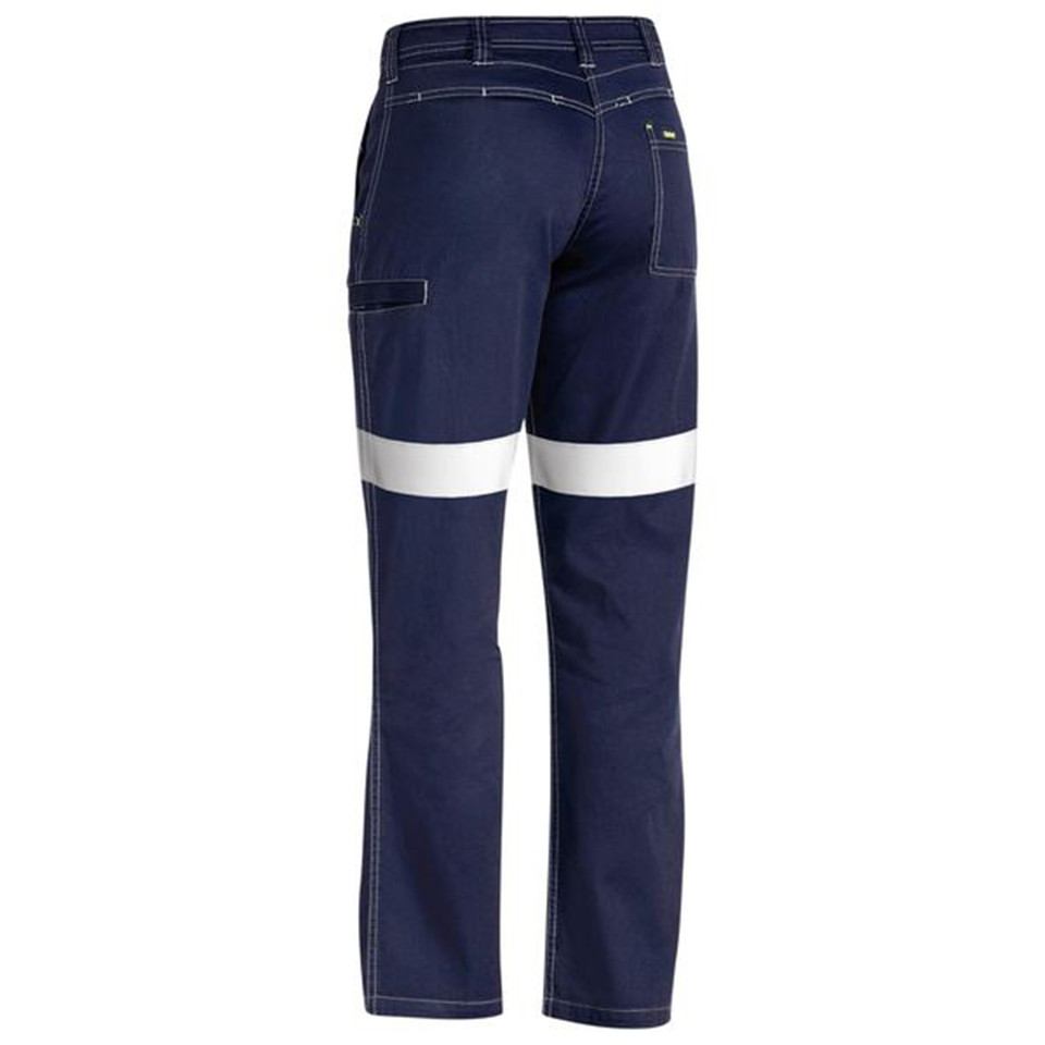 Navy blue flame resistant work pants with reflective silver tape and cargo pocket detail