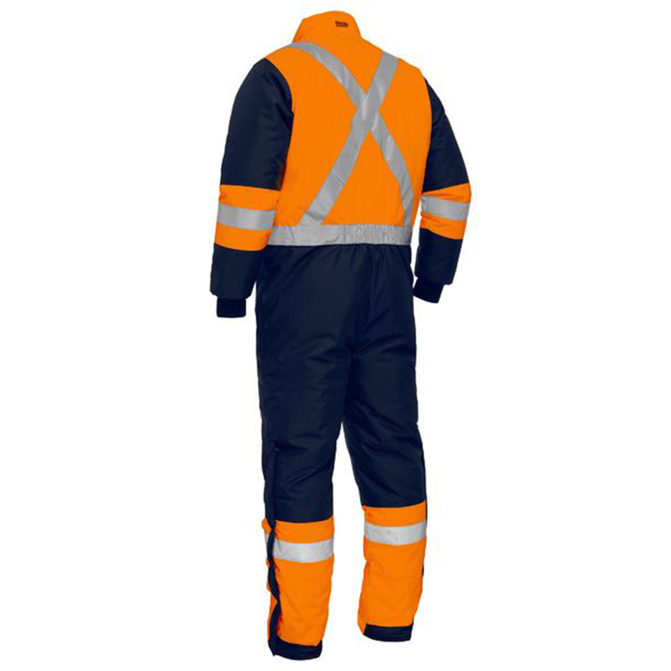 Orange and navy hi vis freezer coverall rear view showing X-tape reflective back, arm and leg tape segments