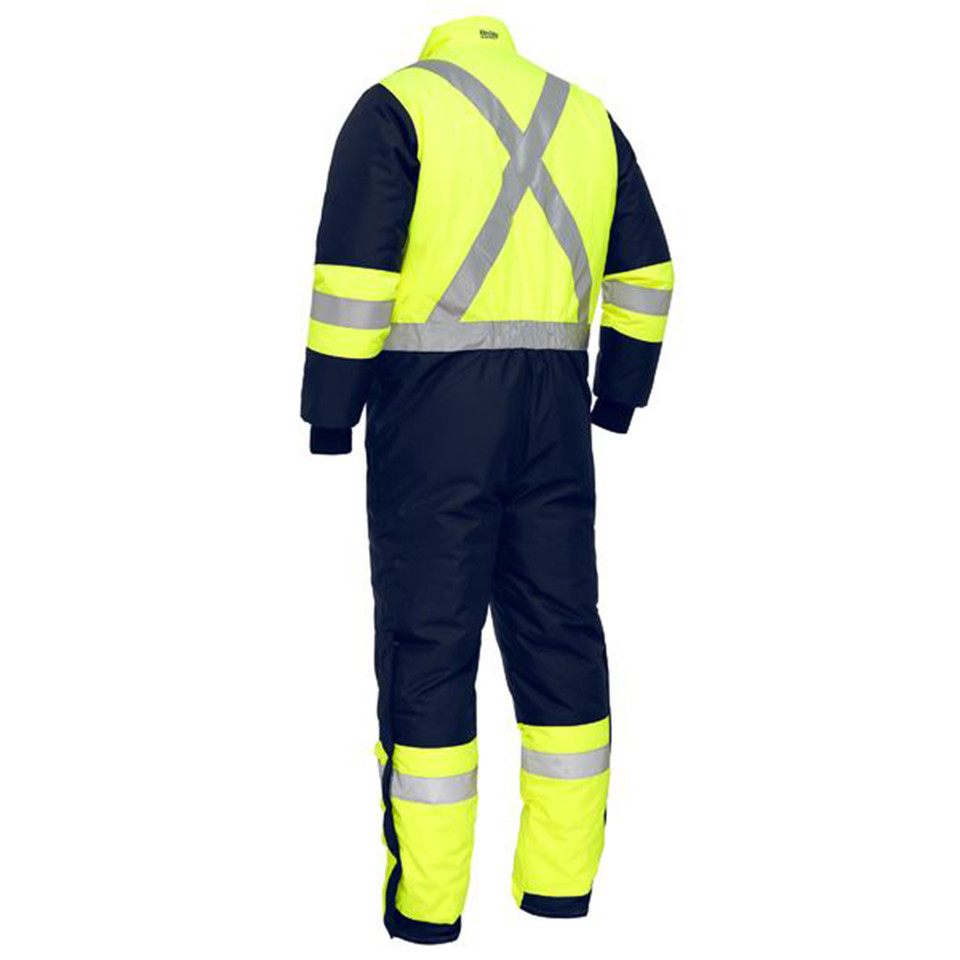 Hi vis yellow and navy two-tone freezer coverall rear view showing X-back reflective tape and ankle banding