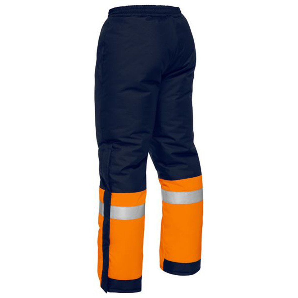 Navy and orange hi-vis freezer pants with silver reflective tape at lower legs