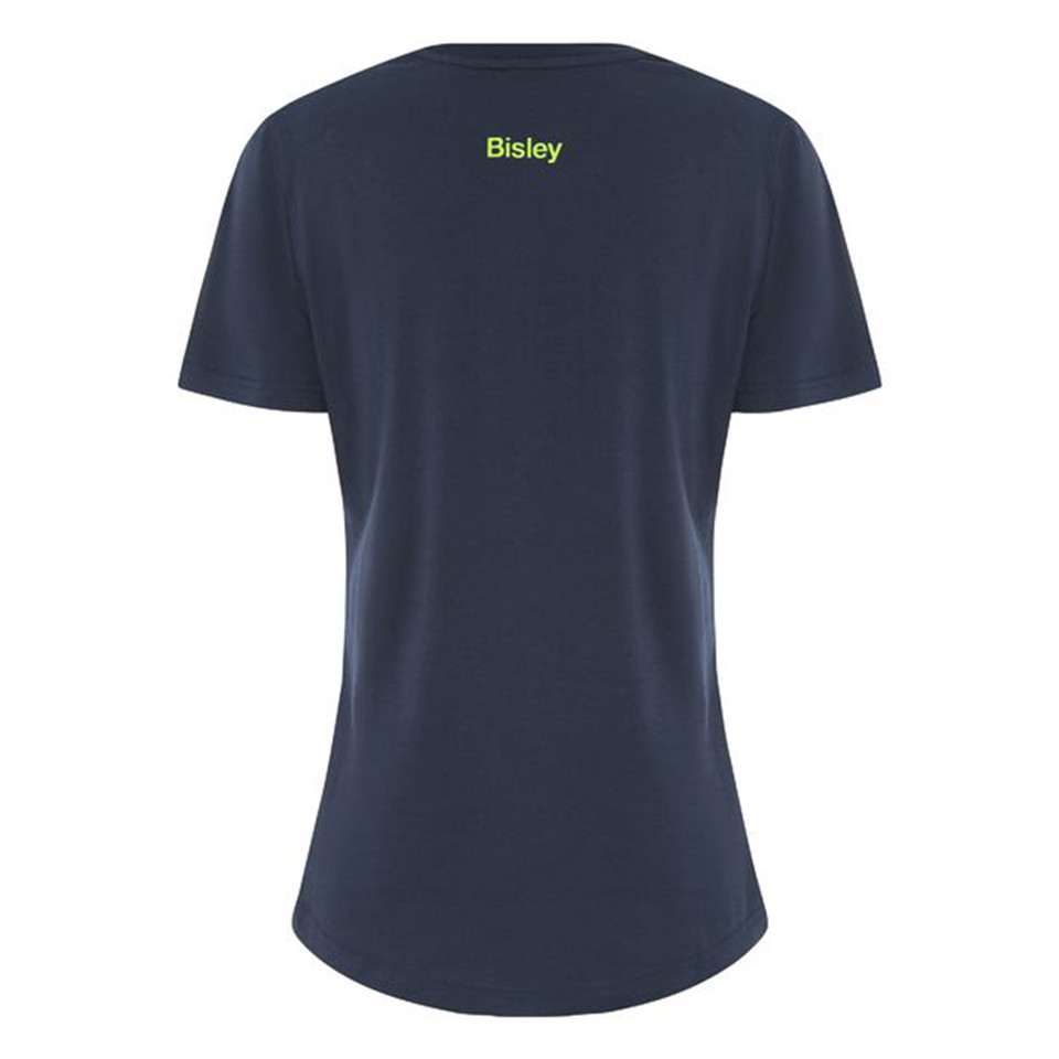 Navy women's t-shirt with neon yellow Bisley logo at upper back, curved hem