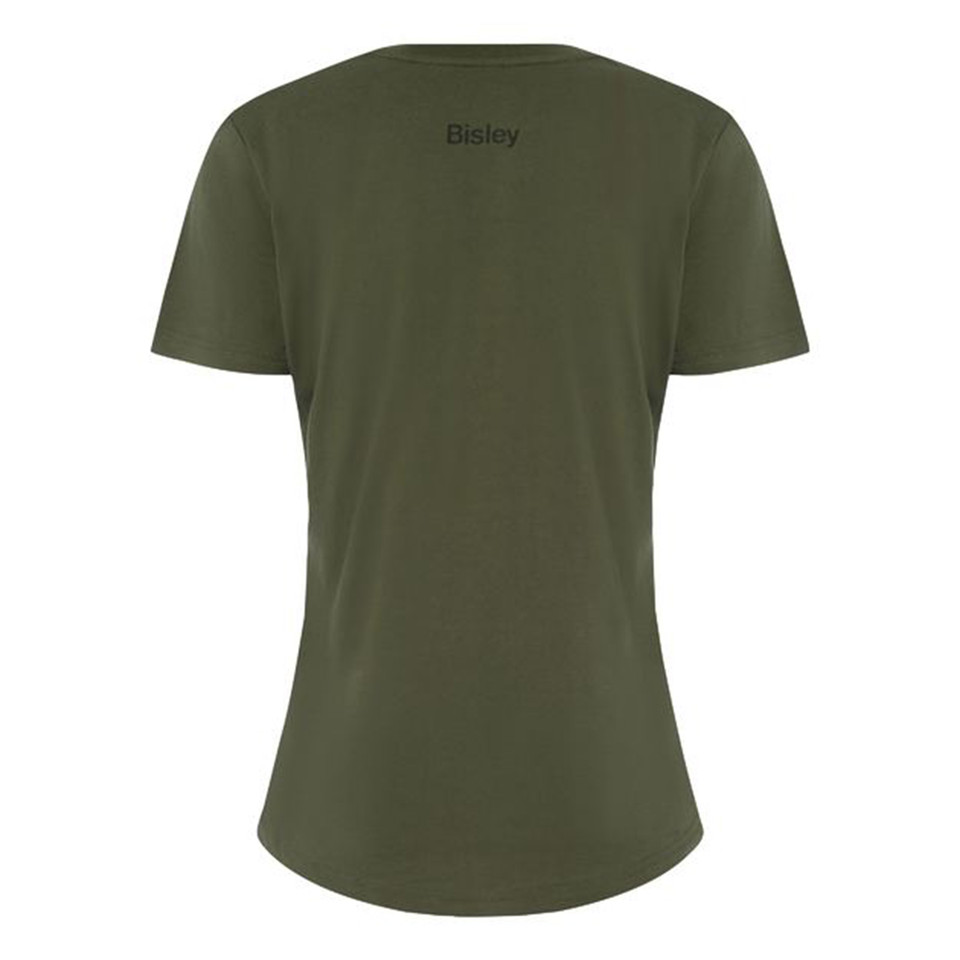 Back view of olive green women's cotton tee with small Bisley logo at upper back yoke