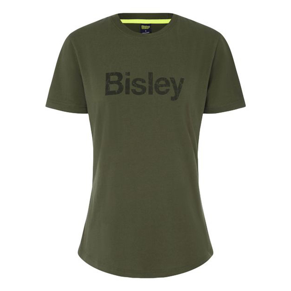 Women's olive green cotton crew neck tee with large dark olive branded chest logo print, flat lay
