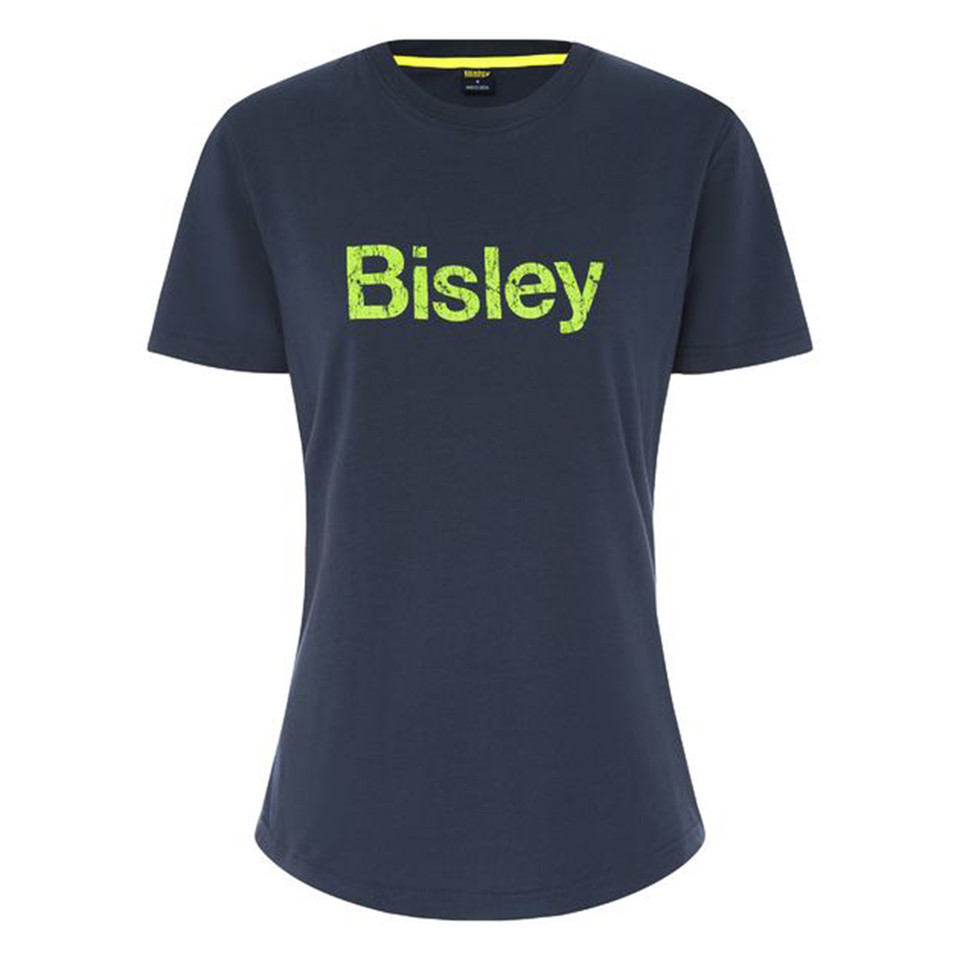 Navy women's crew neck tee with large hi-vis yellow distressed logo print on chest, flat lay packshot