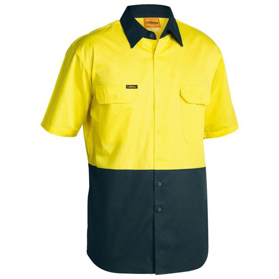High visibility yellow and bottle green short sleeve work shirt with chest pockets and contrast collar