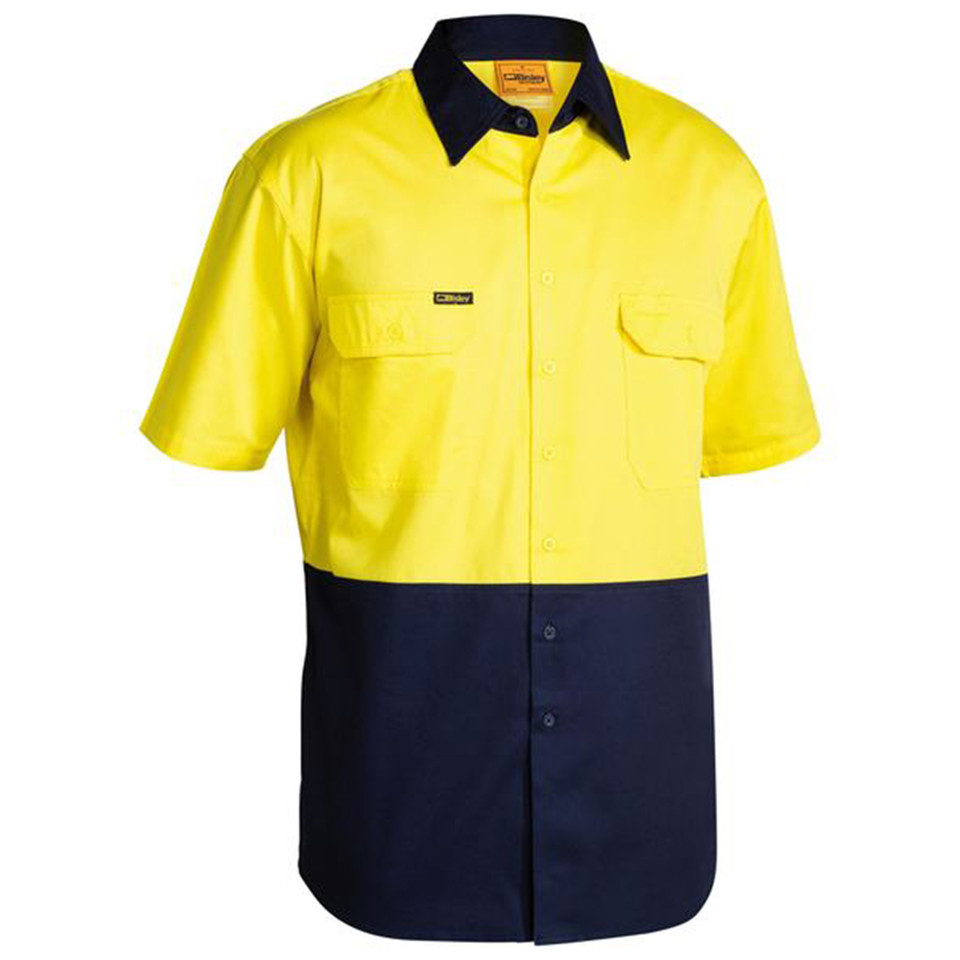 Bisley Mens Hi Vis Cool Lightweight Drill Short Sleeve Shirt Yellow Navy Bisley Mens Hi Vis Cool Lightweight Drill Short Sleeve Shirt Yellow Navy
