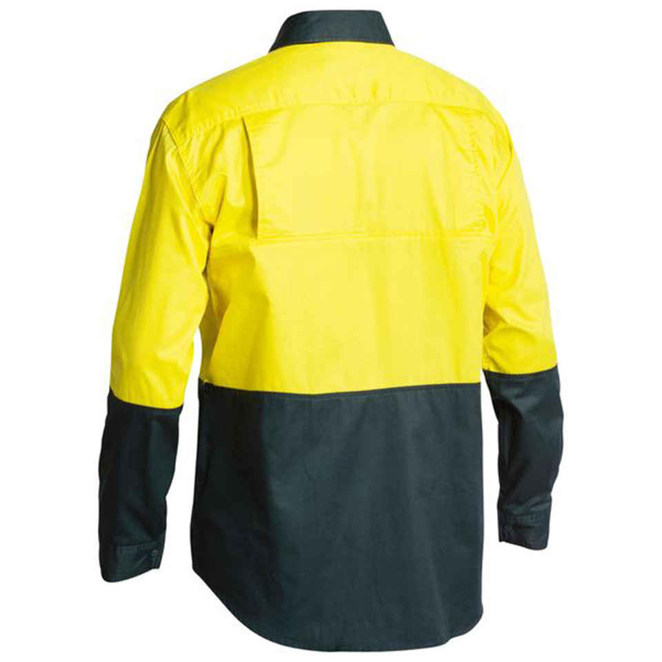 High visibility long sleeve work shirt in safety yellow and charcoal with contrasting collar and lower panel