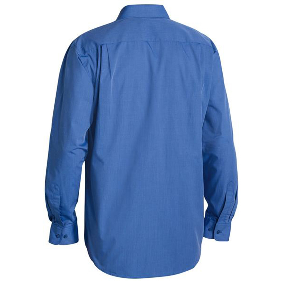 Royal blue long sleeve men's work shirt, rear view showing box pleat and button cuffs