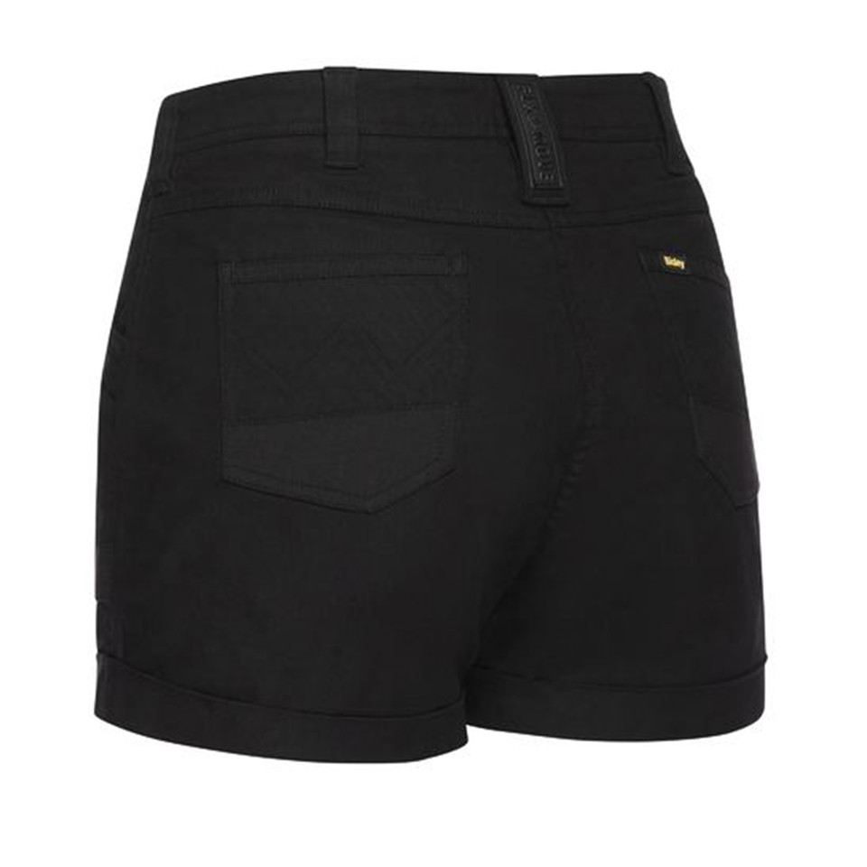 Black mid-rise women's shorts with back pockets and rolled cuffs, rear three-quarter view