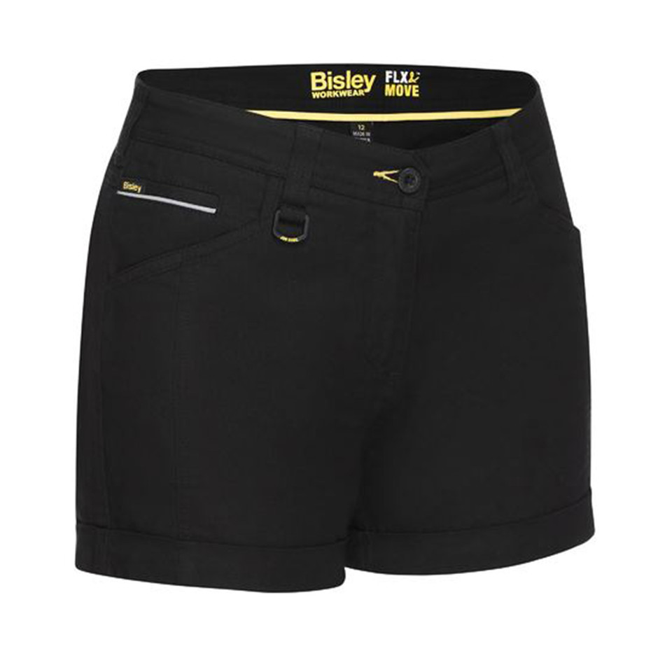 Black mid-rise work shorts with rolled cuffs and zippered pocket detail