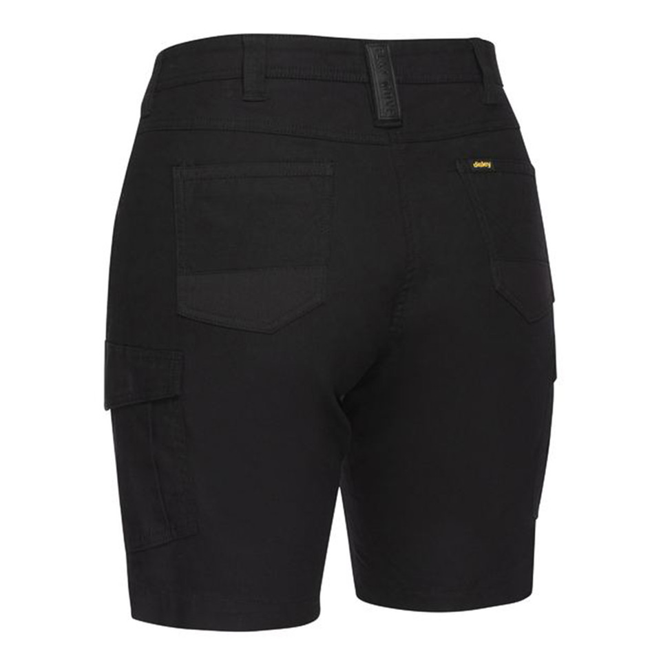 Black women's cargo work shorts rear view showing cargo pocket, twin back pockets and yellow Bisley tab