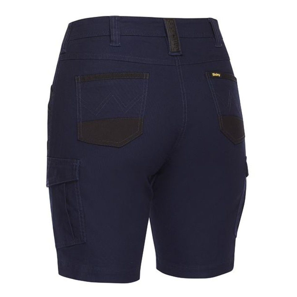 Navy women's cargo shorts with contrast stitching, cargo pocket, and back pockets with branded label detail