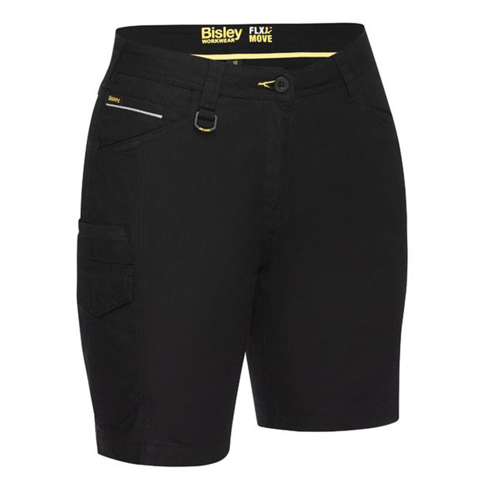 Black women's cargo shorts with multiple pockets, zipper details, and D-ring belt loop