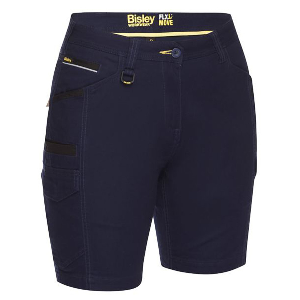 Navy women's mid-rise cargo work shorts with contrast black side pocket, zip hip pocket, and button fly