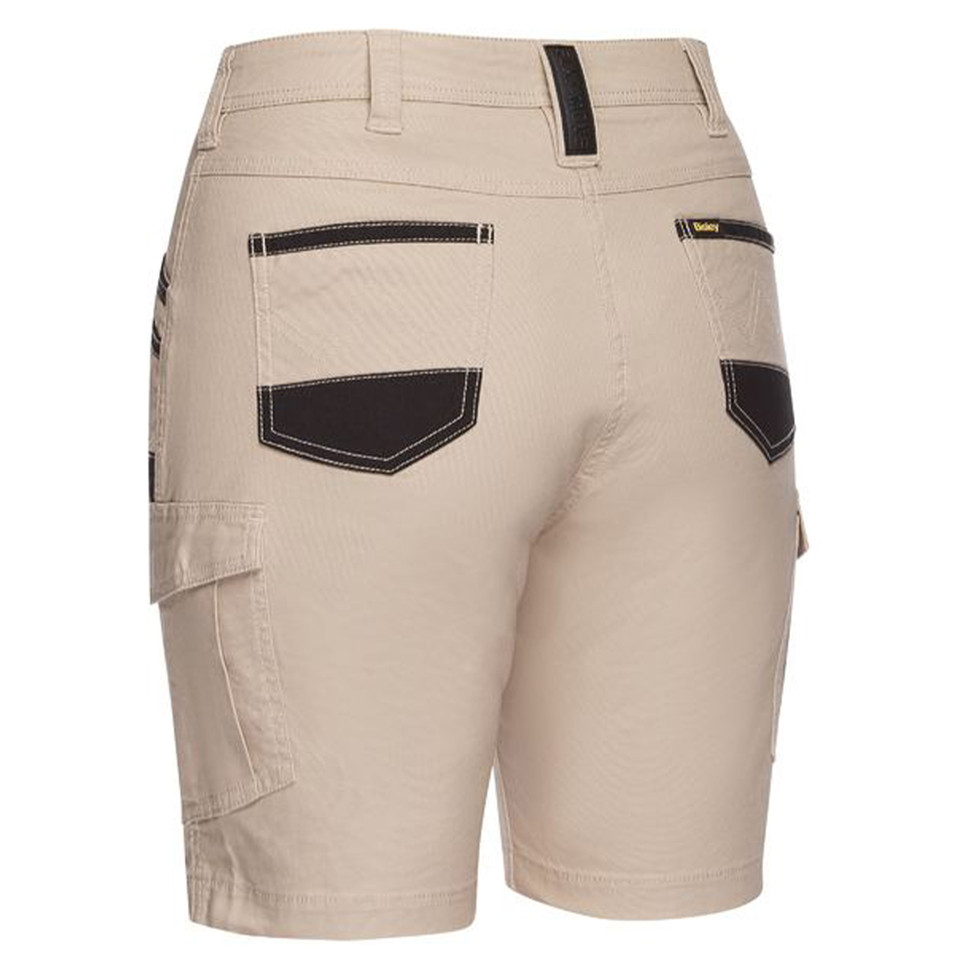 Sand cargo shorts rear view with black contrast panels, zip pockets, and side cargo pocket