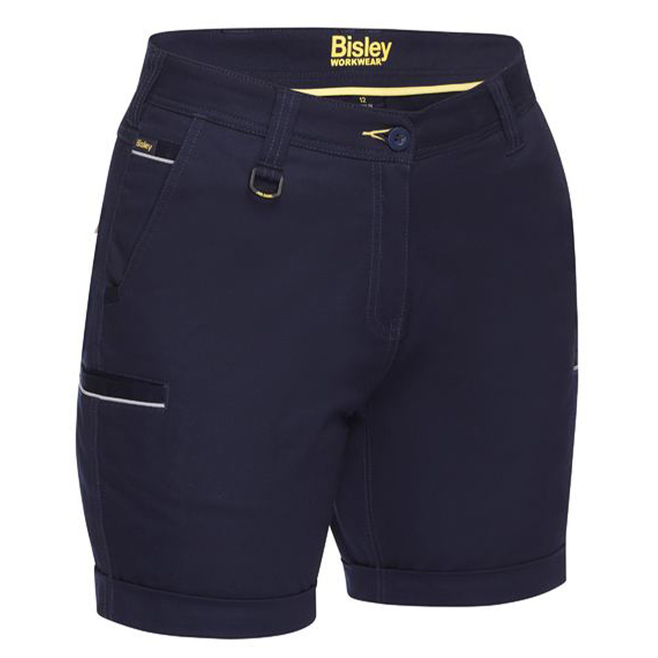 Navy Towler Bisley Women's Mid-Rise Stretch Cotton Shorts, comfortable and durable workwear shorts with a flattering mid-rise fit and stretch fabric.
