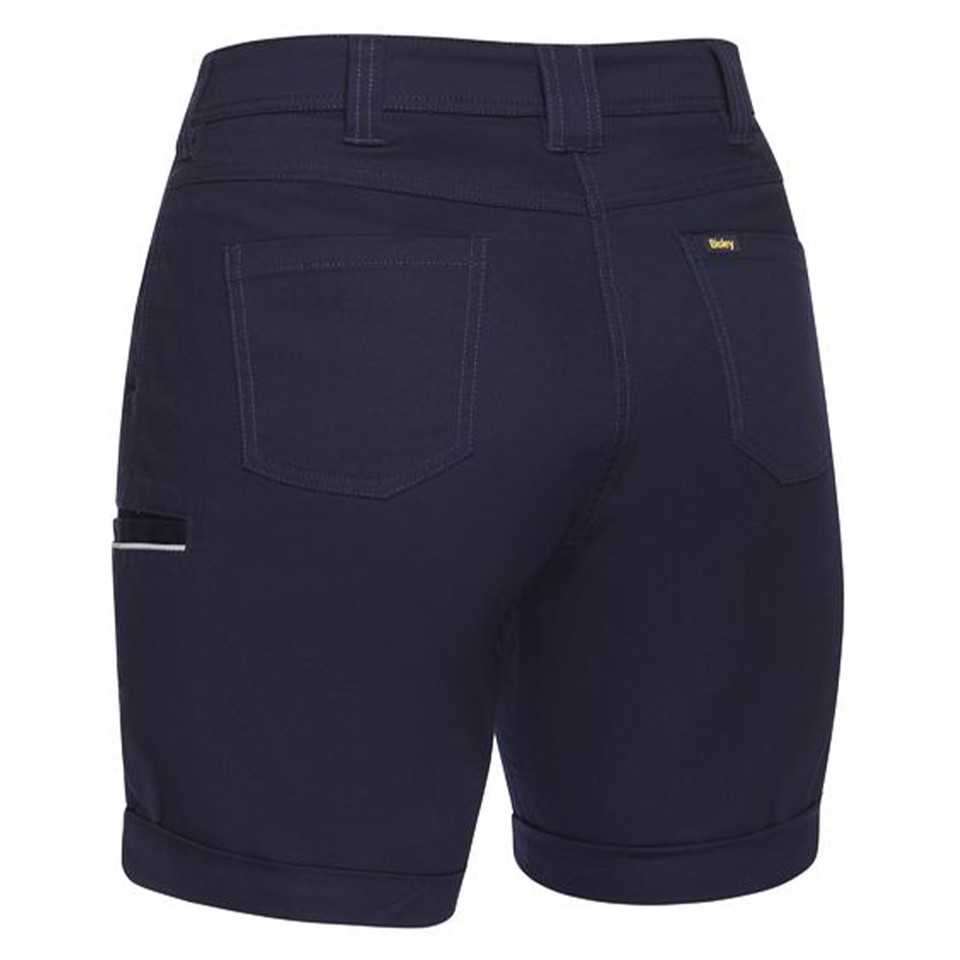 Navy women's mid-rise work shorts with back pockets, belt loops, and side utility pocket opening