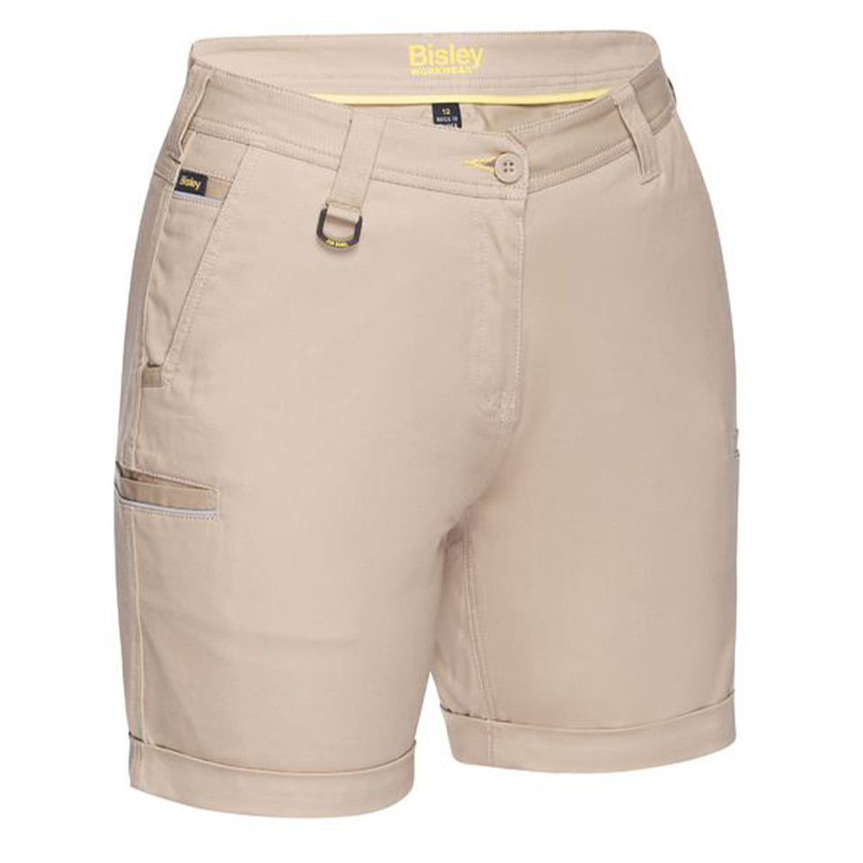 Stone stretch cotton work shorts with cargo pockets, D-ring detail and rolled hem