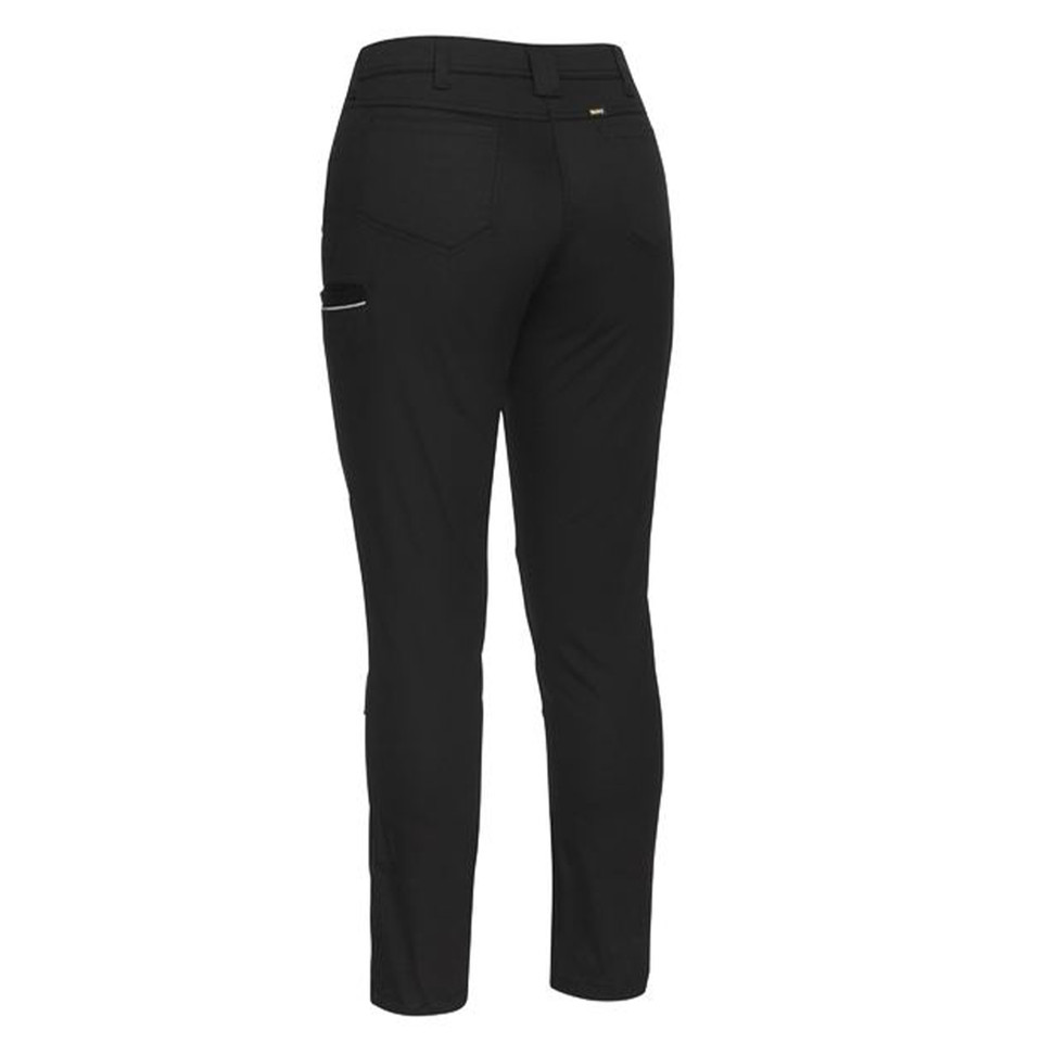 Black mid-rise stretch cotton pants with back pockets and side cargo pocket detail