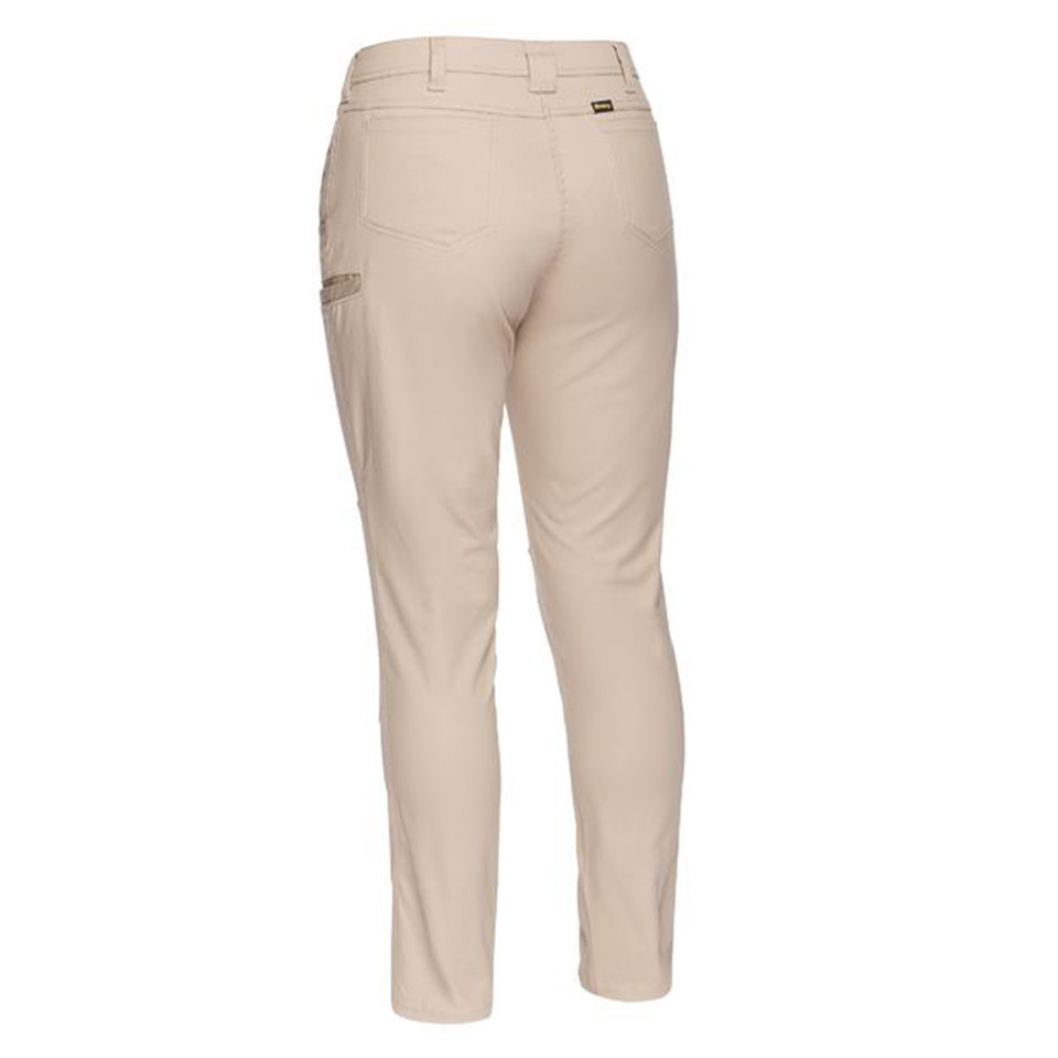 Sand stretch cotton pants with mid-rise waist and cargo pocket detail shown from rear angle