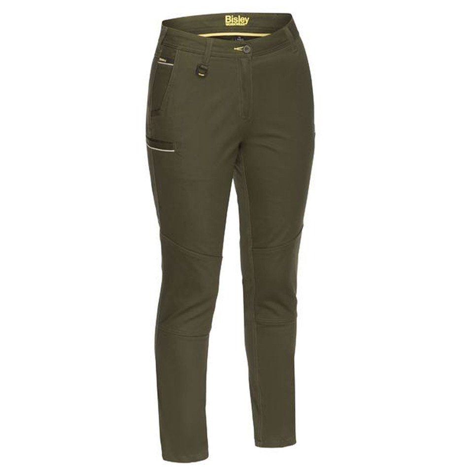 Olive green women's mid-rise work pants with cargo pockets and stretch cotton fabric