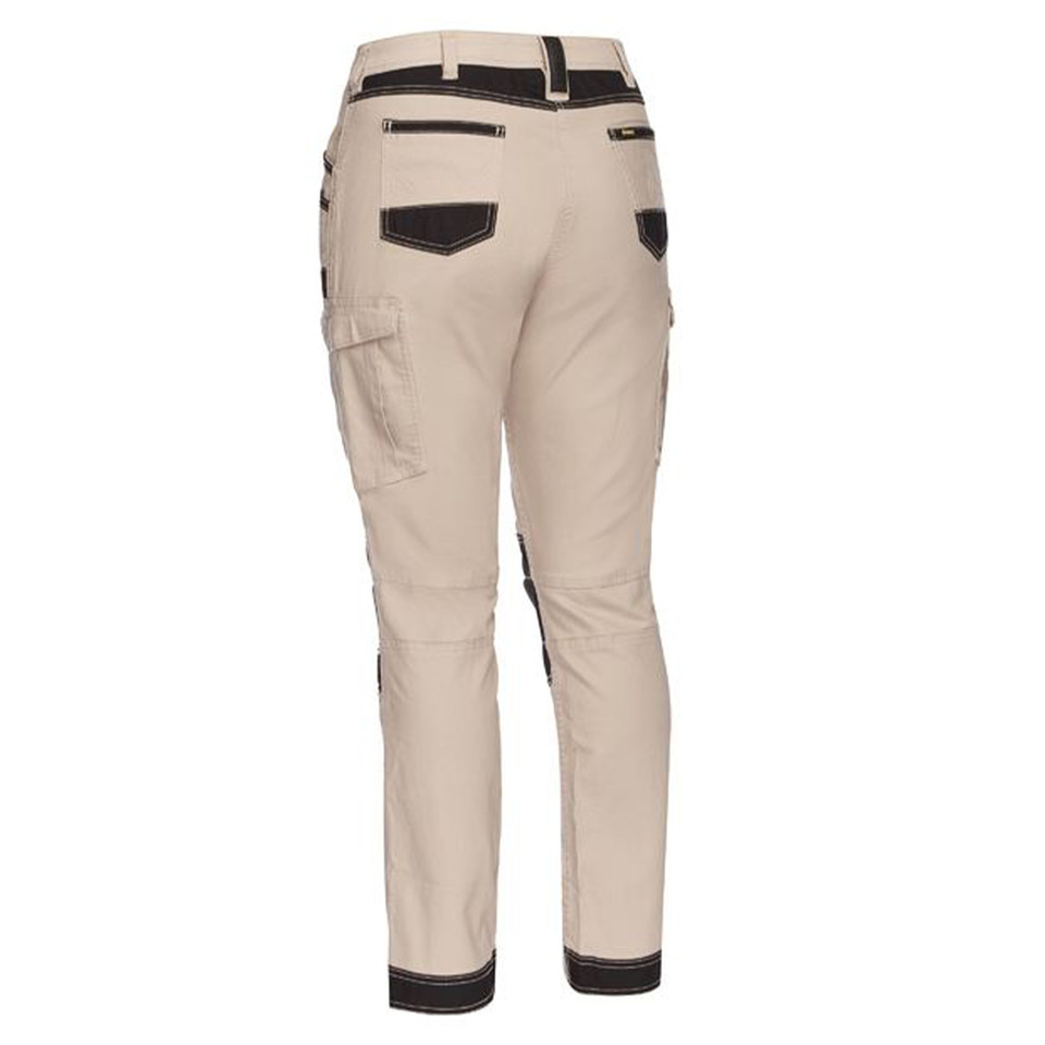 Sand and black women's cargo pants rear view showing contrast zip pockets, knee panels and ankle trim