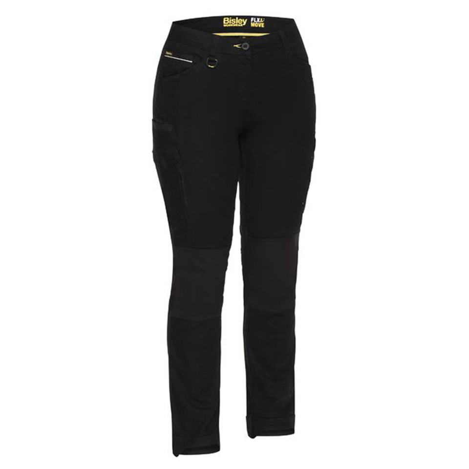 Black women's cargo pants with articulated knees, zip side pocket, and Bisley Flex & Move branding
