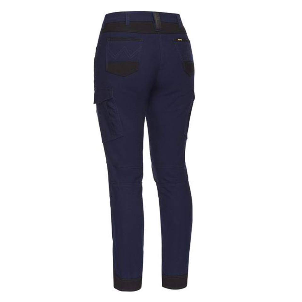 Navy women's cargo pants with black contrast trim on waistband and pockets, rear view showing multiple cargo pockets