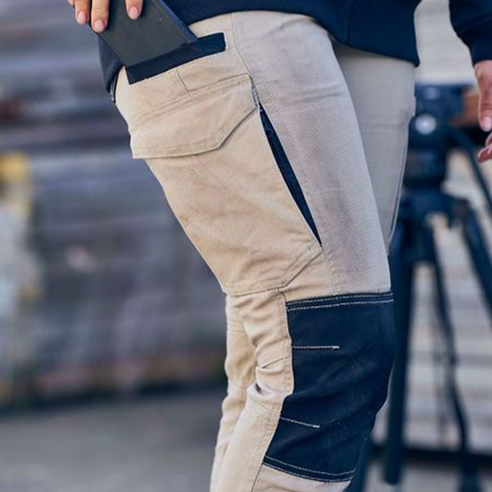 Tri-colour cargo pants in stone, grey and navy with contrast stitching and multiple utility pockets