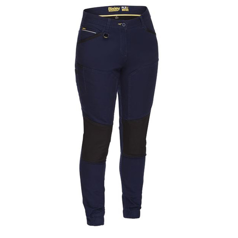 Navy work pants with black reinforced knee panels and contrast yellow waistband trim