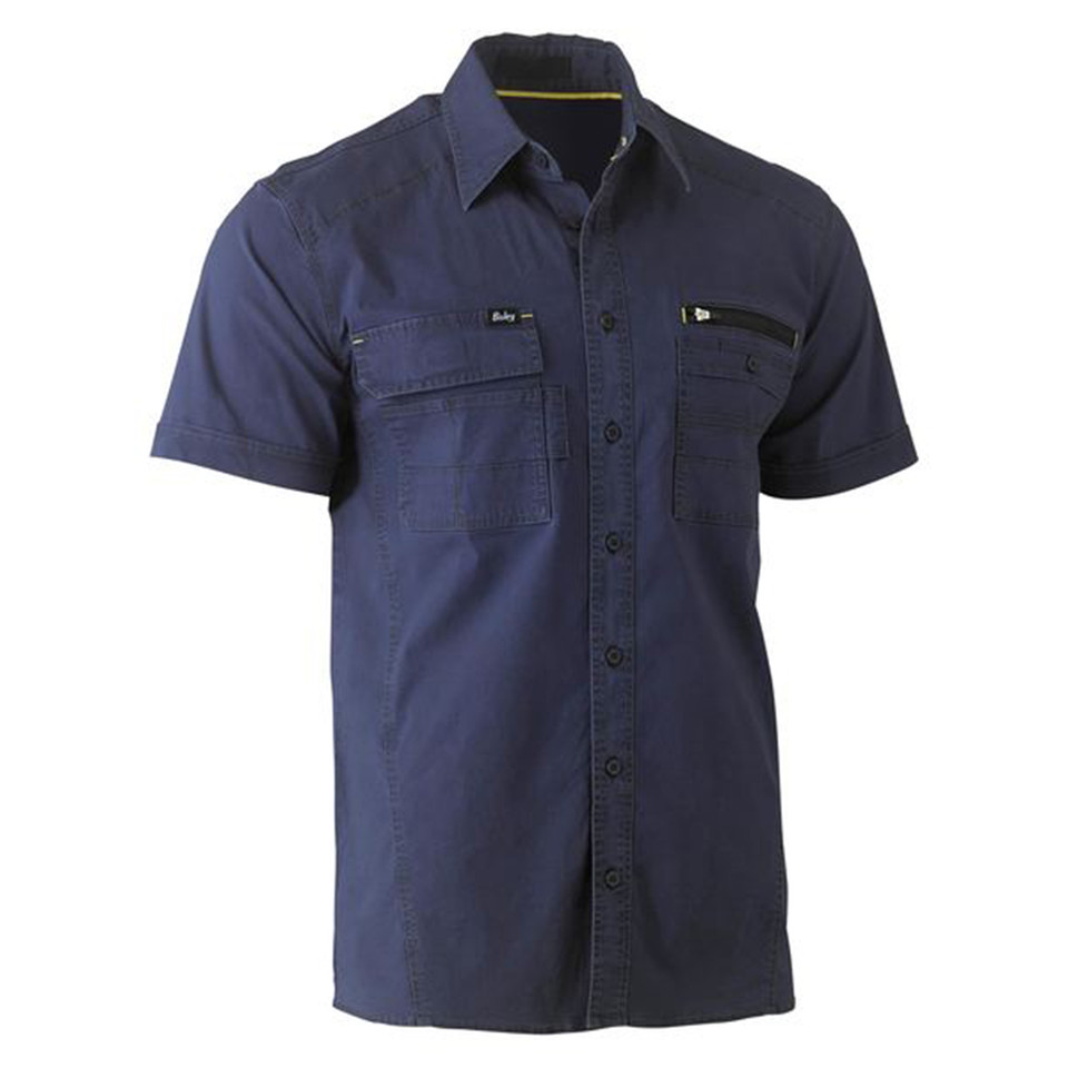 Navy blue short sleeve work shirt with dual chest pockets, zip closure detail and button-front placket